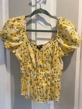 Aqua Yellow Floral Puff-Sleeve Smocked Waist Top